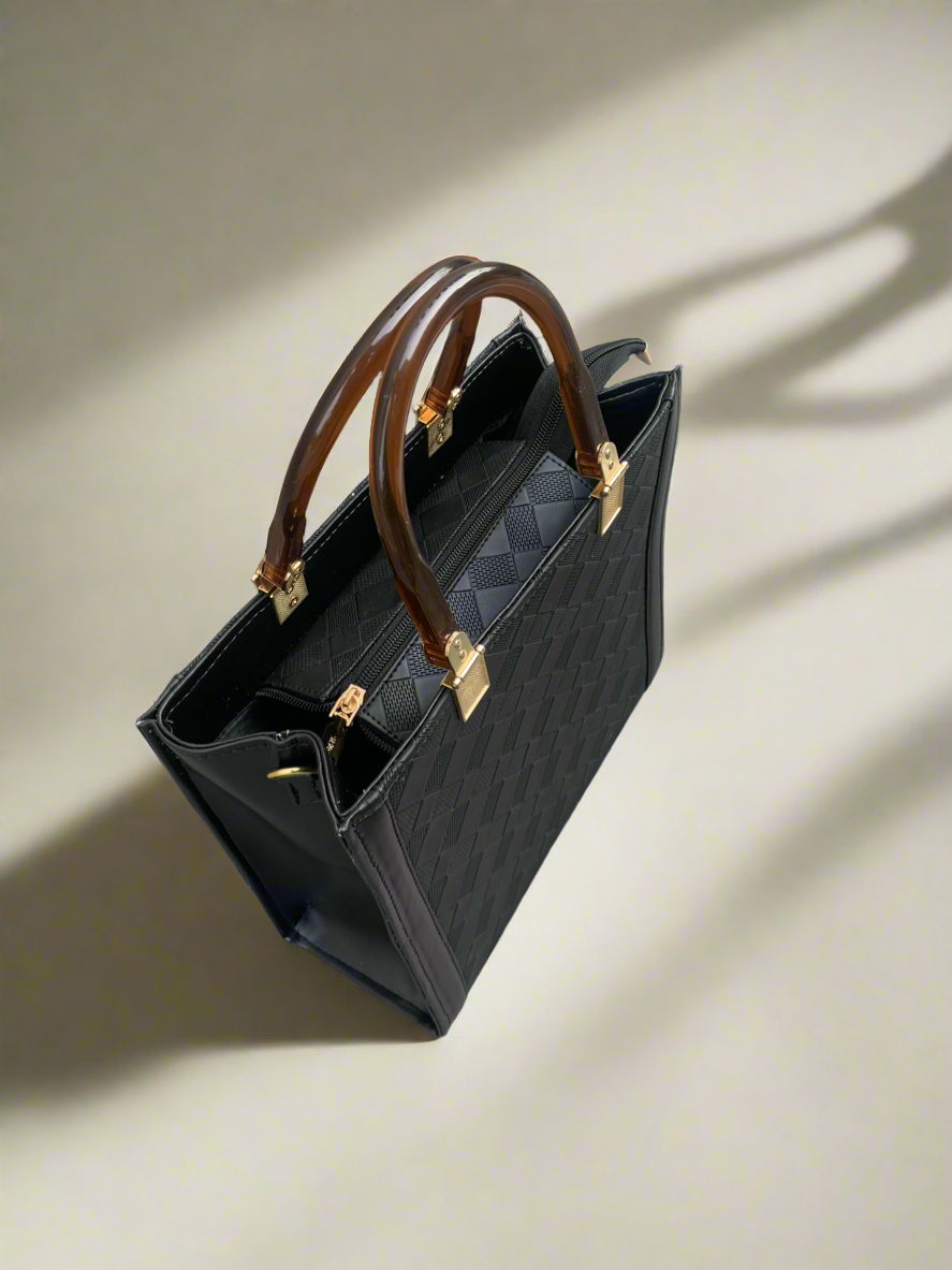 Checkered Crossbody Convertible Box Tote “Black”