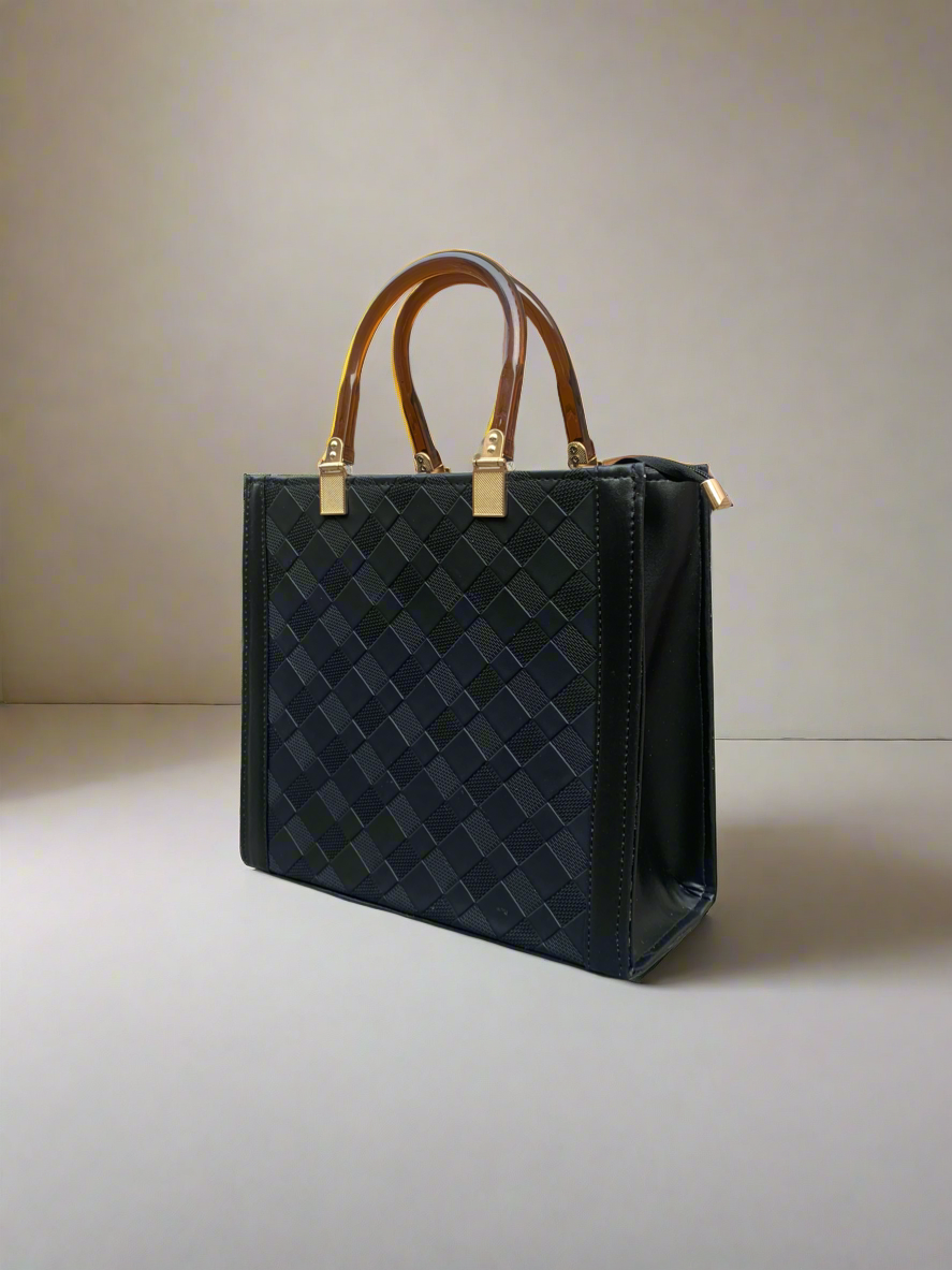 Checkered Crossbody Convertible Box Tote “Black”