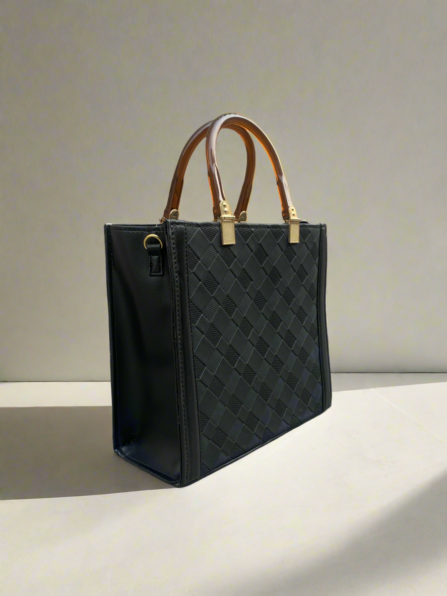 Checkered Crossbody Convertible Box Tote “Black”