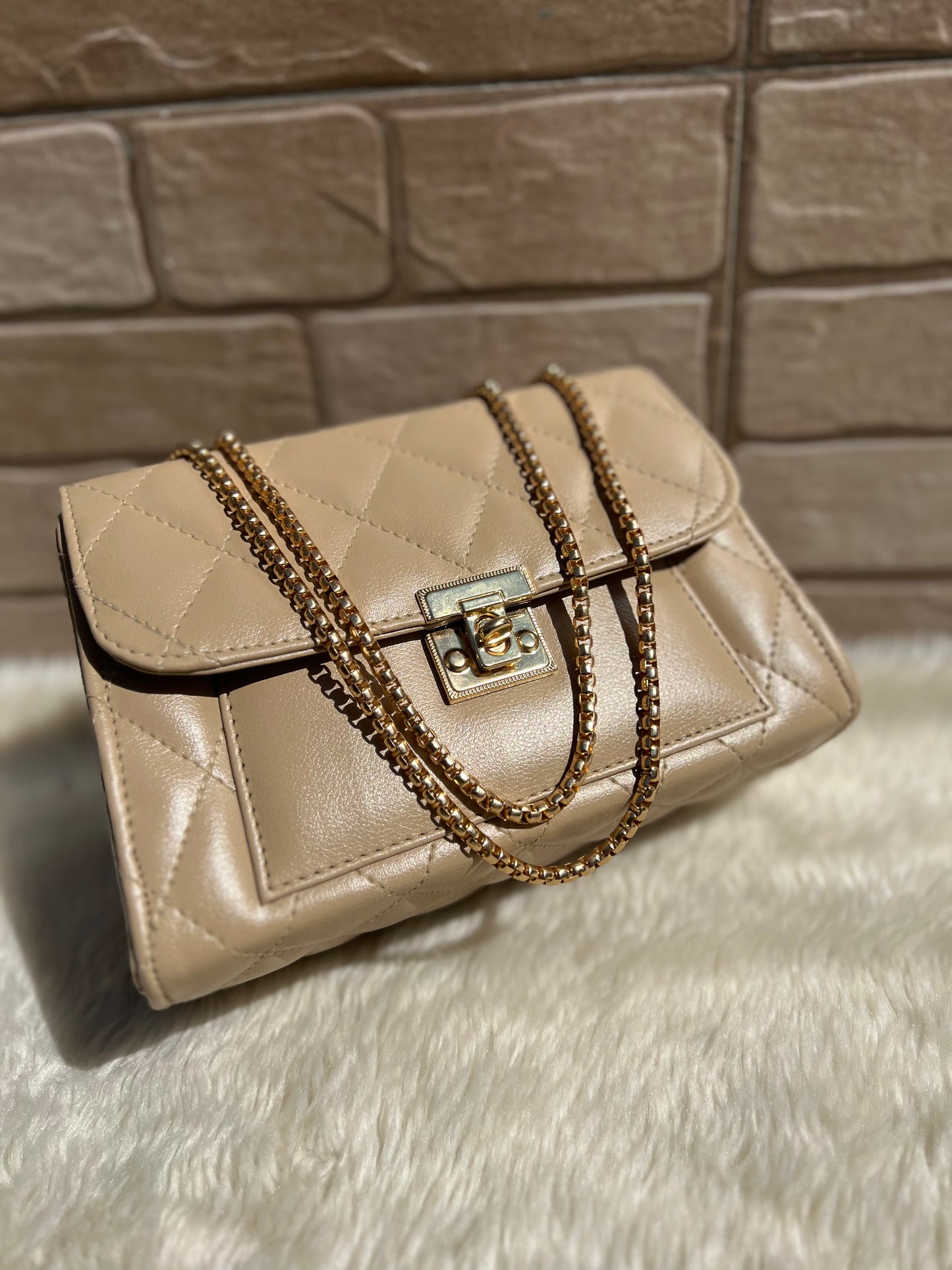 Cross body bag with golden chain.