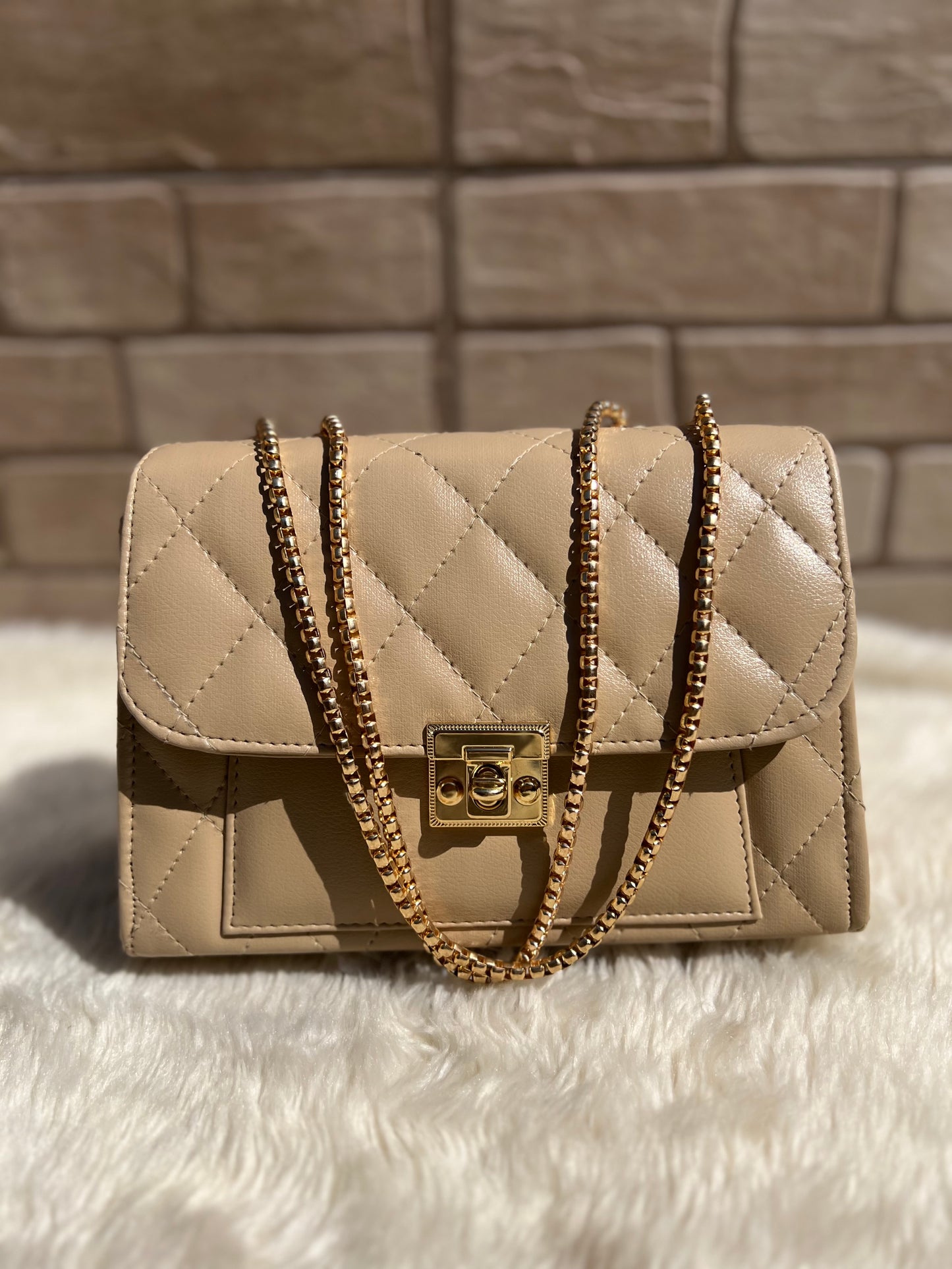 Cross body bag with golden chain.