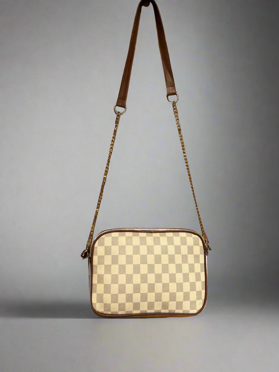 Checkered Crossbody Bag Brown Beige BASTAH